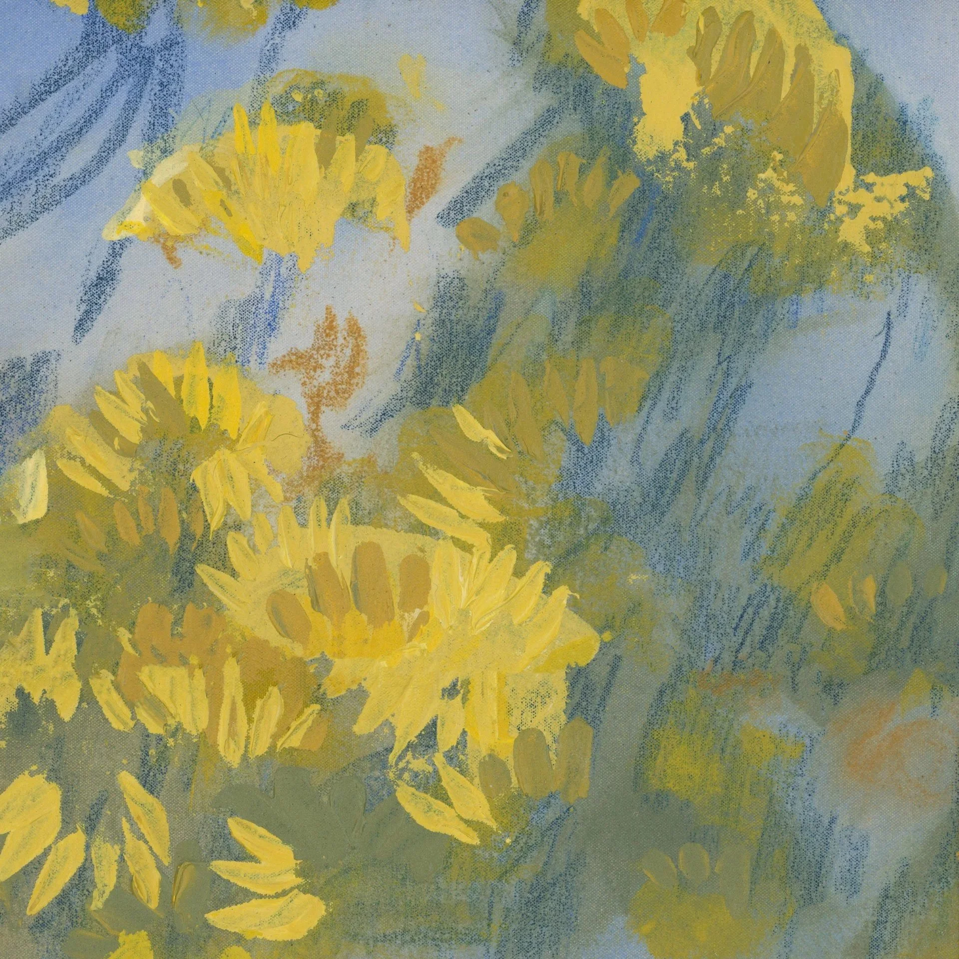 Abstract painting featuring yellow flowers and green foliage with blue and beige background.