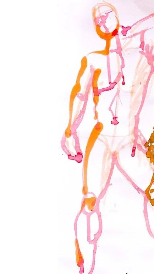 Ink drawing of a nude male figure with minimal facial features, in shades of orange, pink, and brown.