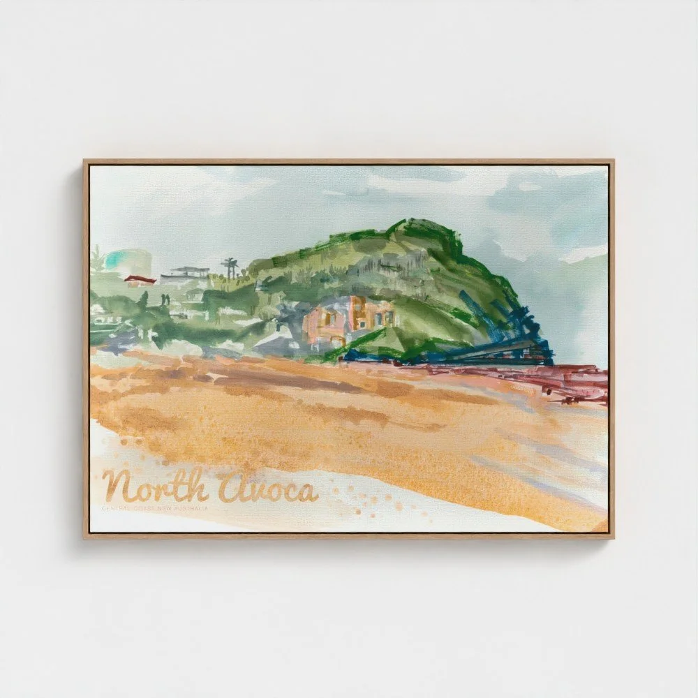 Watercolor painting of a coastal landscape with a green hill, buildings, and a sandy beach in North Avoca, Australia.