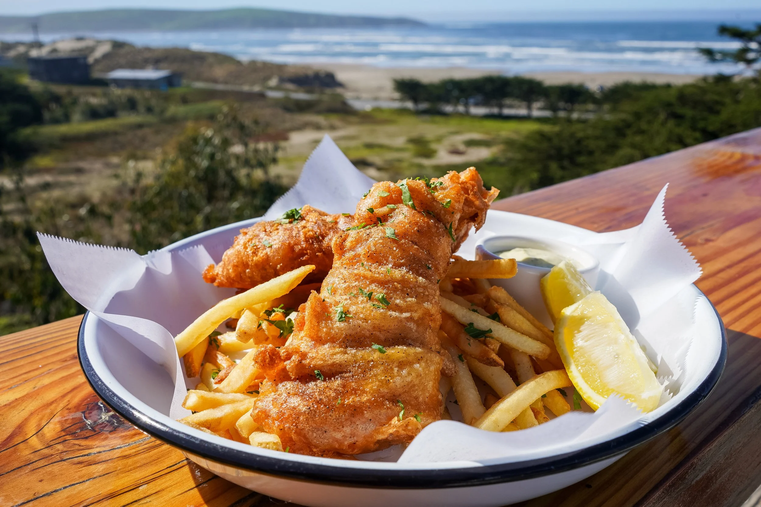 Fresh fish and chips served at the Coastal Kitchen located at Dillon Beach Resort