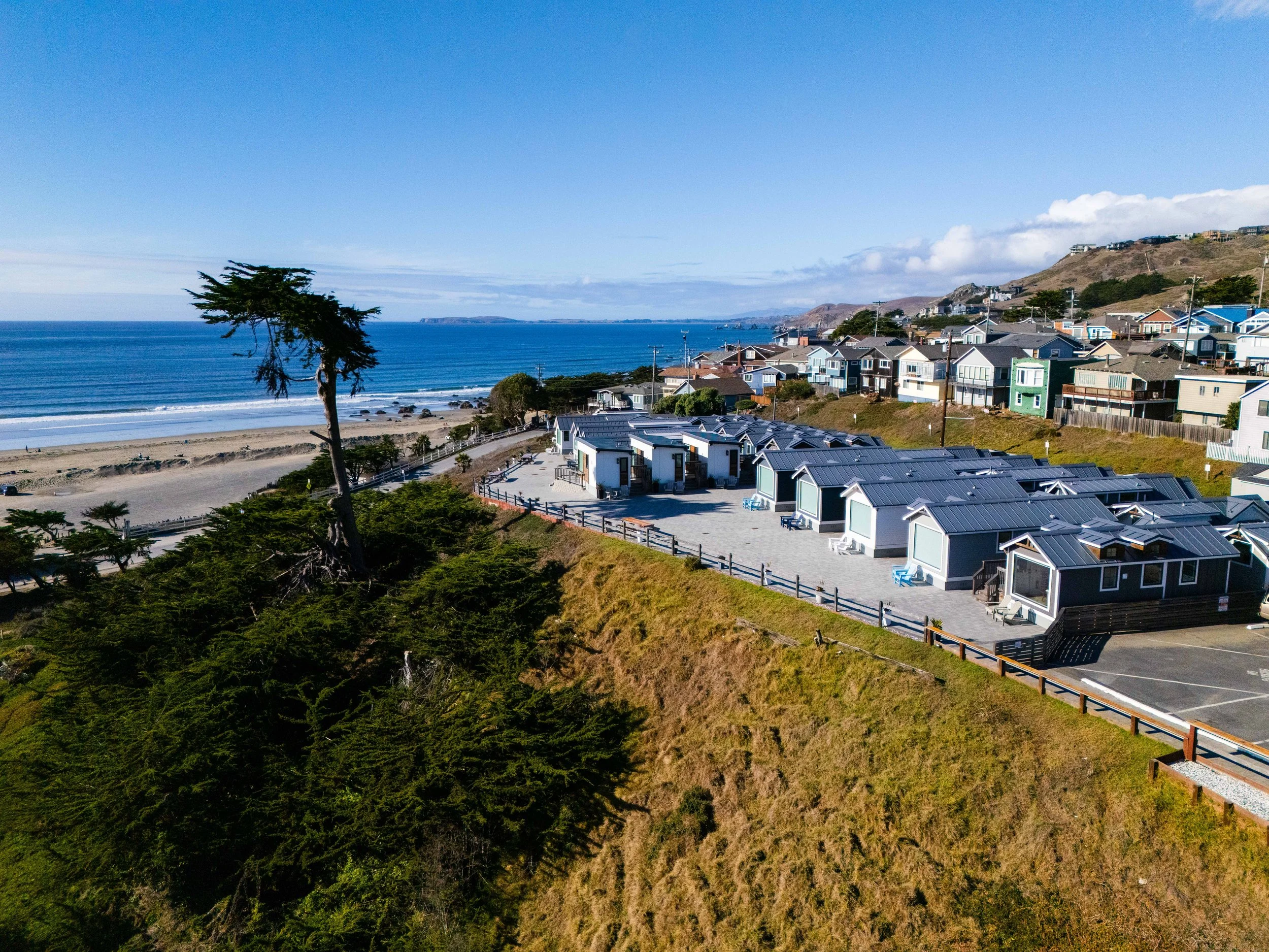 A scenic coastal view with a sandy beach, a lone tree, and colorful houses on a hillside overlooking the ocean under a blue sky.