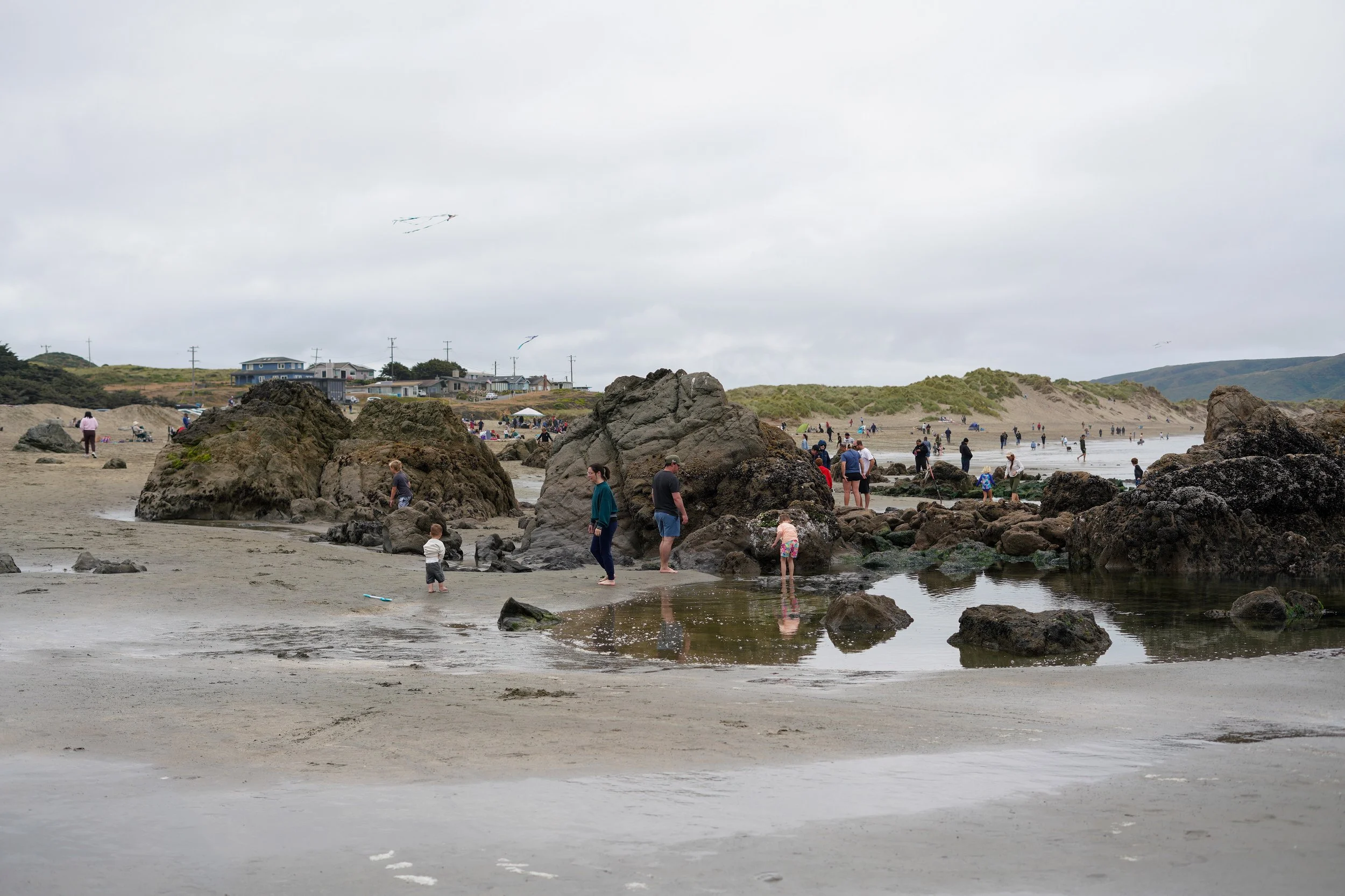 A crowded beach scene with large rocks and people walking, playing, and relaxing near the water. Overcast sky with a few kites flying, and houses on a hill in the background.