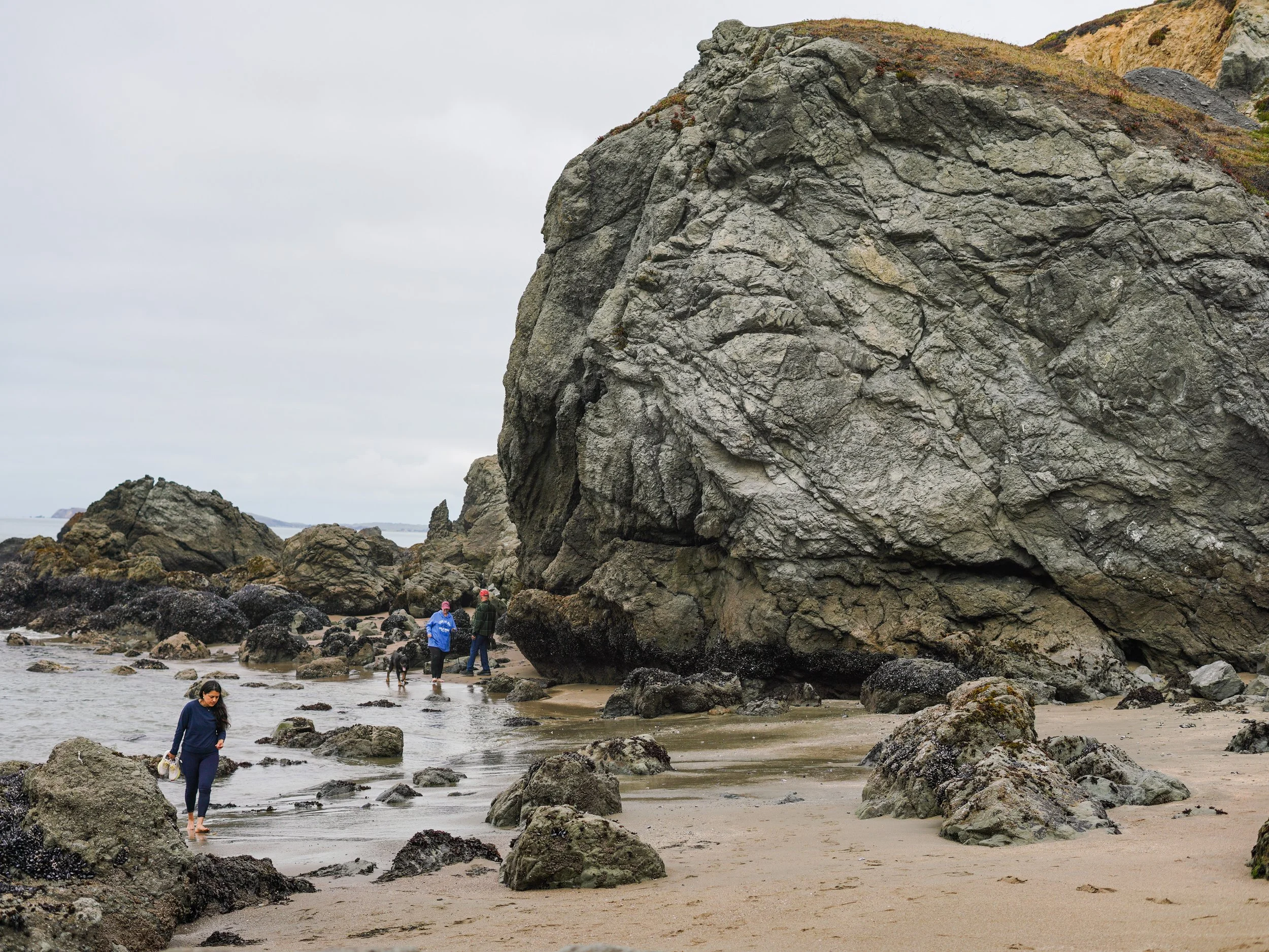 People exploring a rocky coastal area with large cliffs, some rocks covered in moss, and beachgoers walking on the sand and near the water.