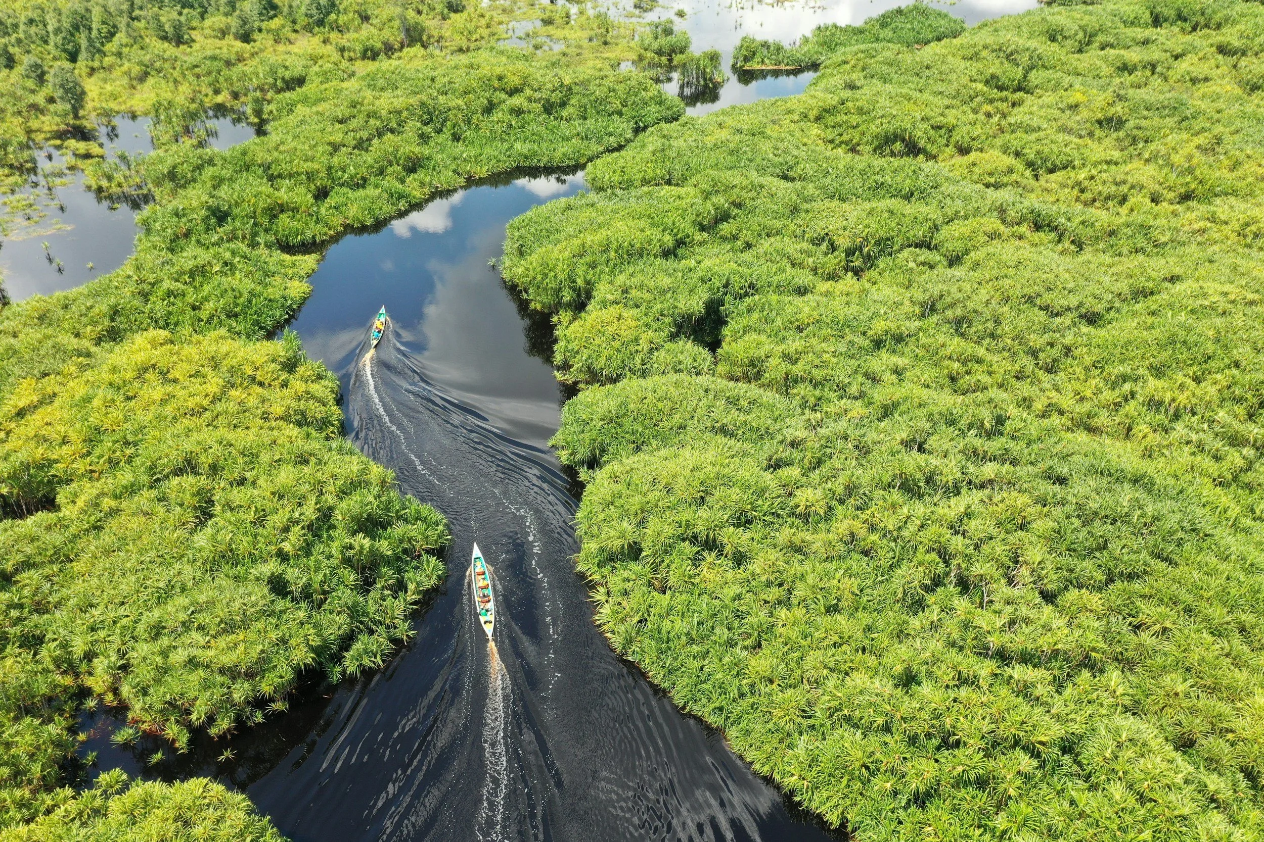 Aerial view of a river winding through dense green marshland with two boats traveling along the water.