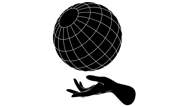 Silhouette of a hand reaching towards a globe with grid lines on a dark background.