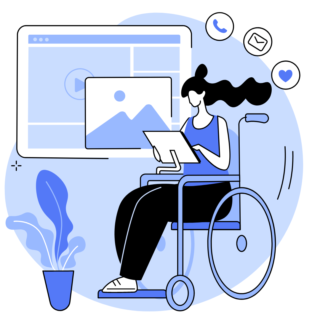 Illustration of a woman in a wheelchair using a tablet computer, with a large screen behind her displaying a photo and video icons, surrounded by social media icons for call, email, and liking, with a potted plant nearby.