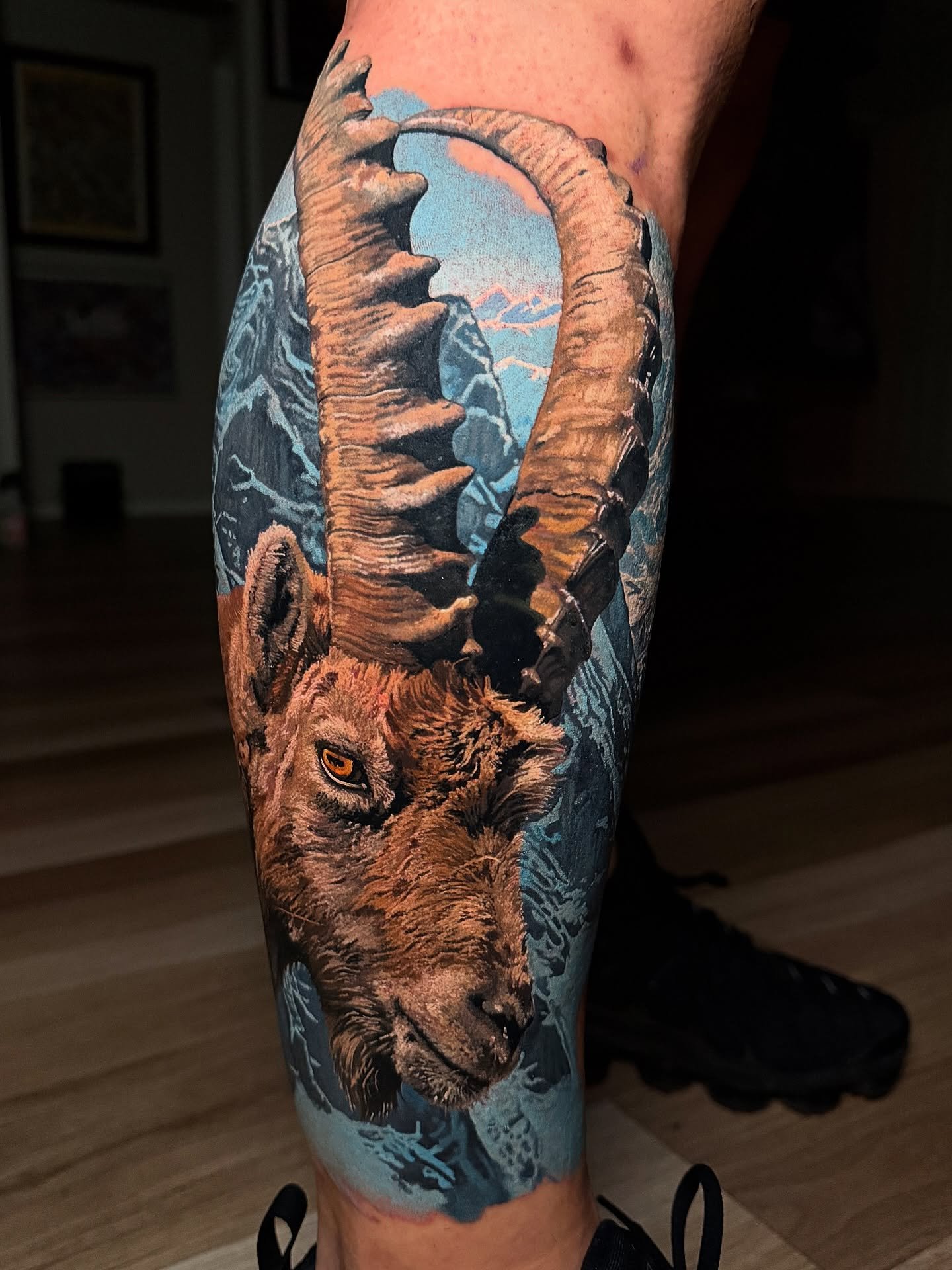 Mountain goat done over 2 days for Eli&rsquo;s first tattoo! 
16 hours total 
And sat so good! Some people are just bred different 

Done using @skingraphica @inkmachines @intenzetattooink @h2oceanproteam @fraktaltattoosolutions @mdwipeoutz @tattooar