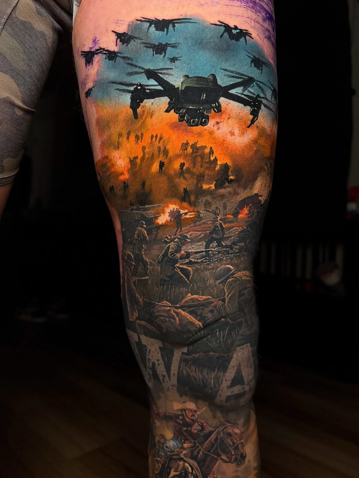 Started the modern war section of Brian&rsquo;s leg! 

So much fun! Can&rsquo;t wait to finish this leg in the next couple of months 

Done using @skingraphica @inkmachines @intenzetattooink @kwadron @h2oceanproteam @fraktaltattoosolutions @tattooarm