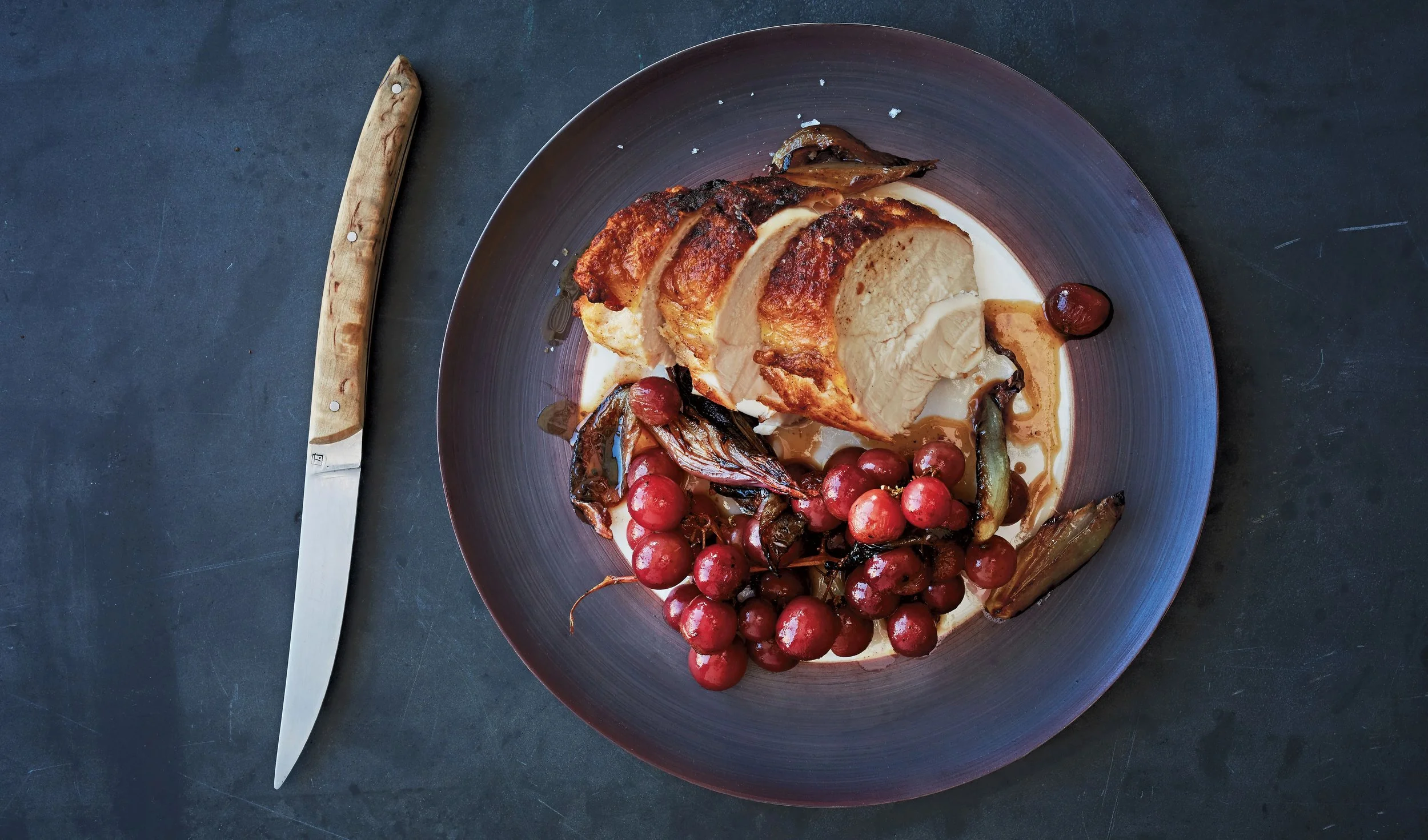 Pan‑Roasted Chicken with Herbed Goat Cheese &amp; Roasted Grapes&nbsp;