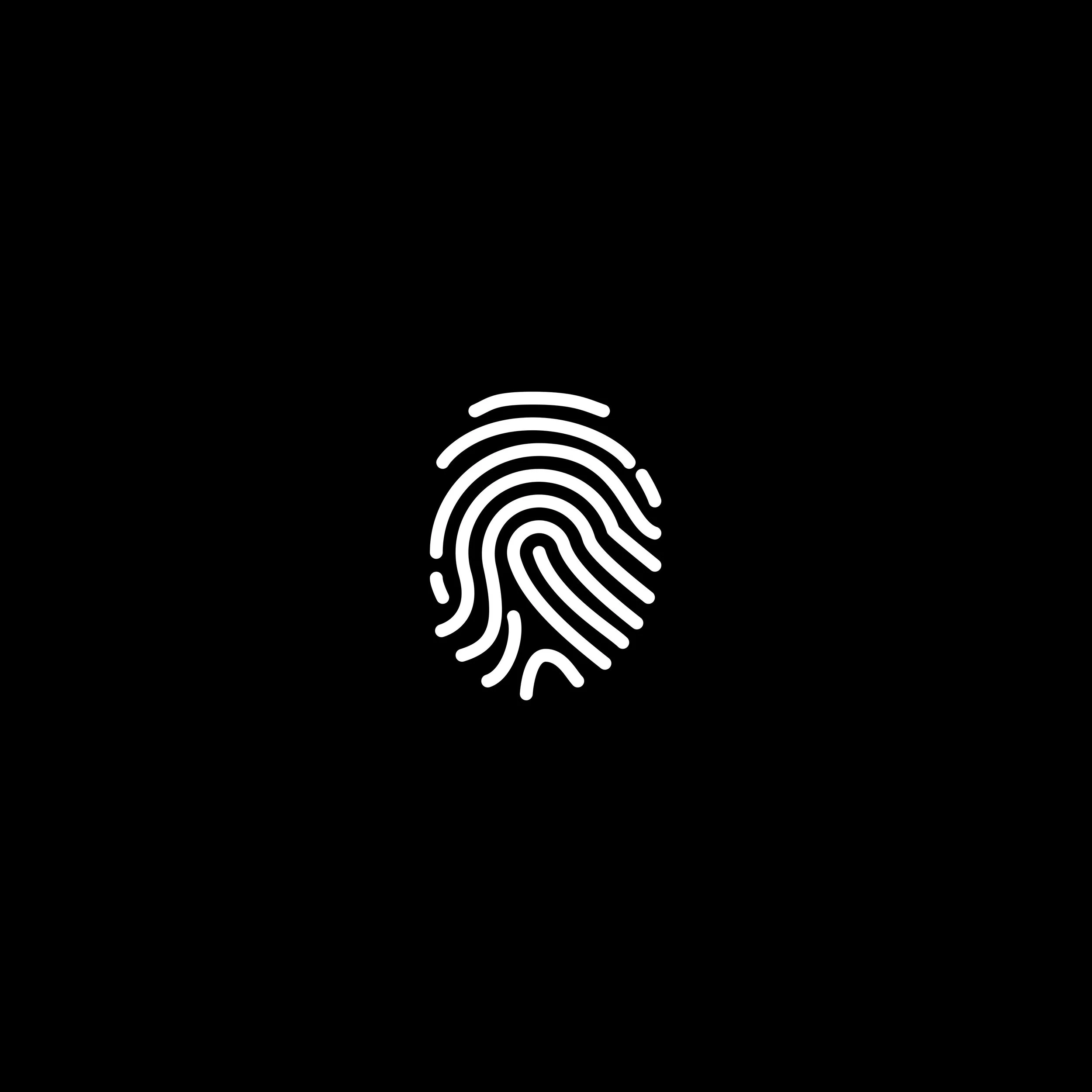 Minimalist white fingerprint icon on a black background