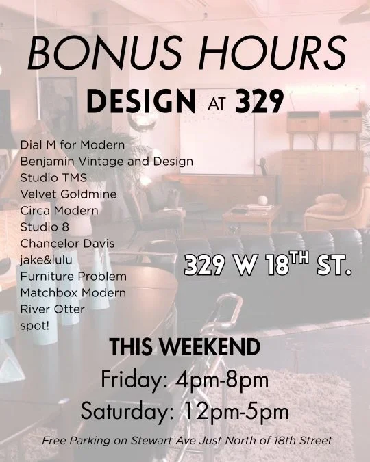 One last chance to shop with twelve of the shops here at Design at 329 before the end of the year! Come and grab your last minute gifts of art, furniture, lighting, sculptures, pottery, clothes, and more!