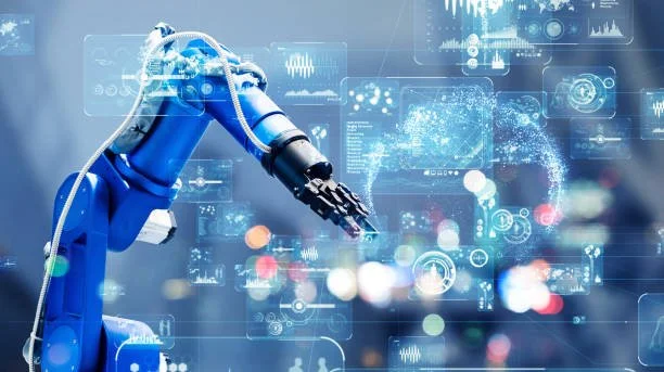 A robotic arm interacting with a digital holographic interface with charts and data visualizations.