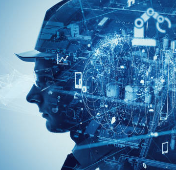 A digital illustration of a human head with technological elements, such as data networks and digital interfaces, overlaying it, representing artificial intelligence and technology.