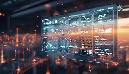 A digital dashboard displaying various financial and stock market data with graphs, charts, and numerical indicators, illuminated against a dark background with a network of glowing orange points.