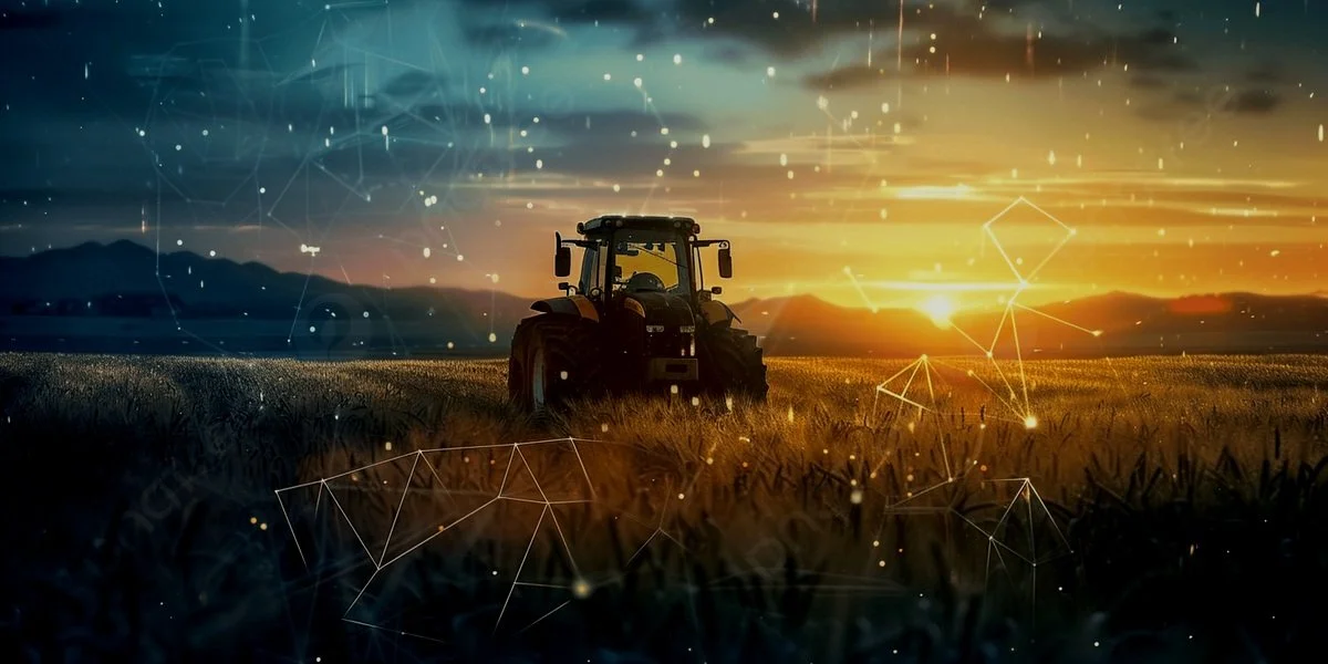 A tractor in a field at sunset with digital network overlays.