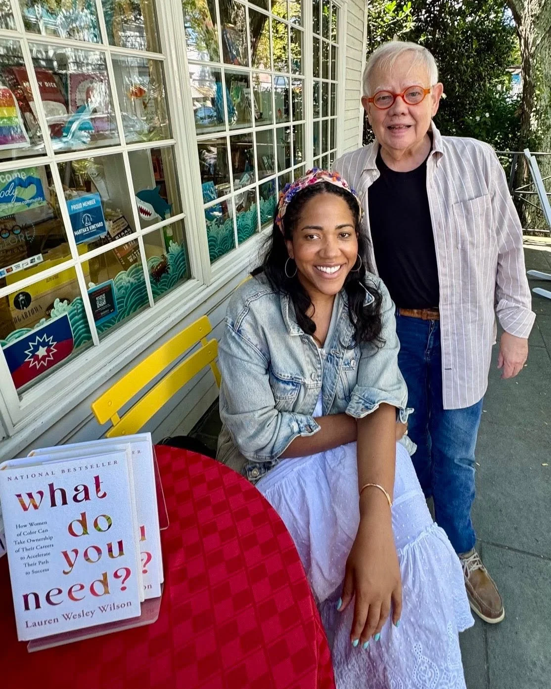 Lauren Wesley Wilson with Mathew on Edgartown Books porch. She&rsquo;s signing copies of her best selling WHAT DO YOU NEED?