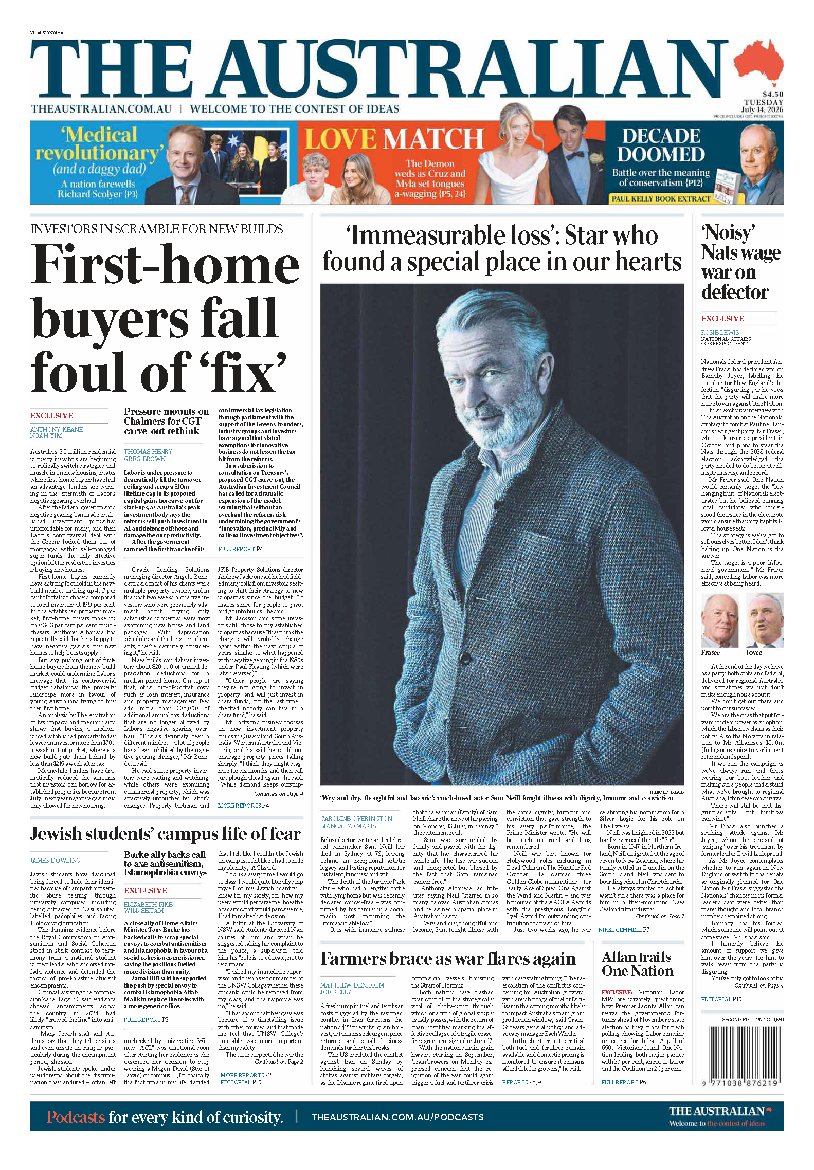 Focus Property Group has been featured in The Australian Newspaper on July 14, 2026, featuring headlines about first-home buyers' challenges, actor Sam Neill, and various news stories, with a large image of Sam Neill on the right side.