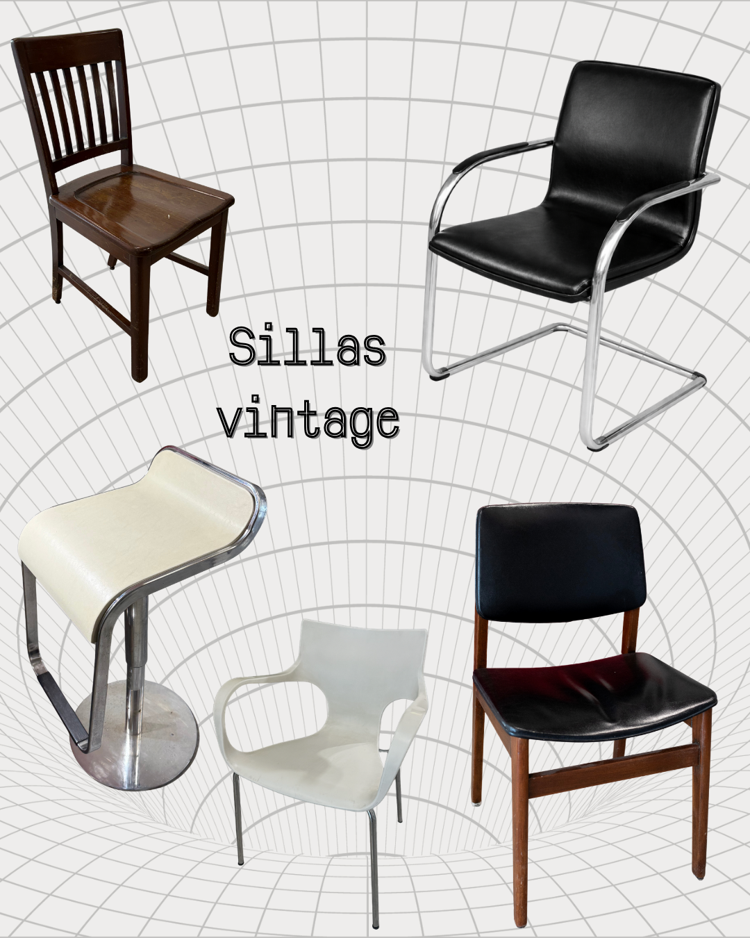 Imagen de varias silllas vintage, incluyendo una de madera oscura, una de metal con asiento beige, una de madera con asiento negro, otra de plástico blanco y estructura metálica, y una de metal con asiento y respaldo negros y estructura de madera.
