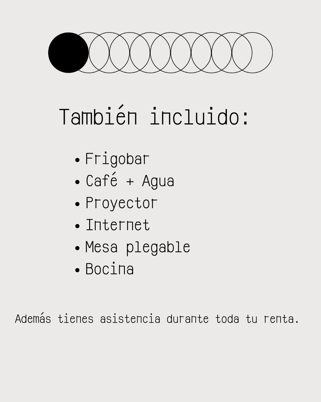 Lista de artículos necesarios que incluye un refrigerador, una taza de café con agua, un proyector, internet, una mesa plegable y una olla. También hay un esquema de círculos que representa un gráfico o lista.