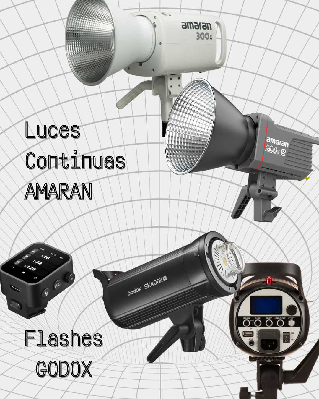 Imagen de equipos de iluminación y accesorios para fotografía, incluyendo luces continuas de la marca Amaran y flashes Godox.