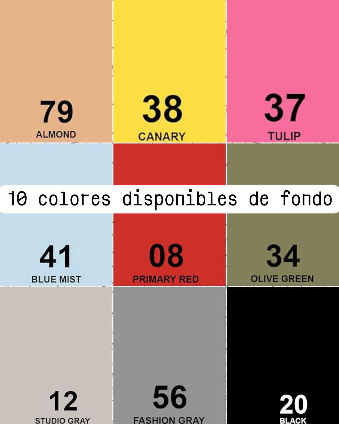 Muestra una paleta de colores con diez opciones de fondo, incluyendo tonos como almendra, canario, tulipán, niebla azul, rojo primario, verde oliva, gris estudio, gris moda, negro y otros.