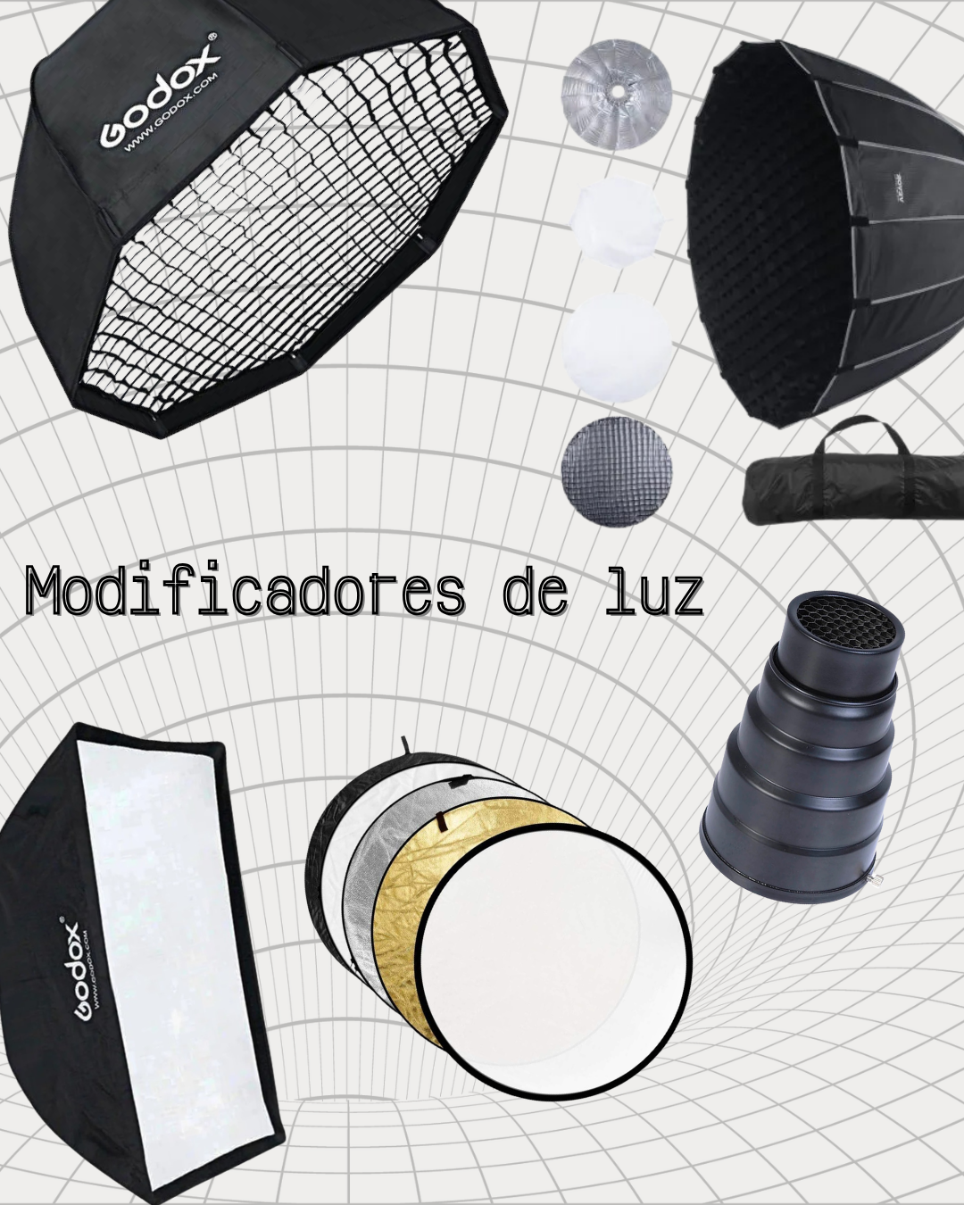 Conjunto de modificadores de luz para fotografía, incluyendo sombrillas, filtros, difusores, conos y accesorios para iluminación en estudio.
