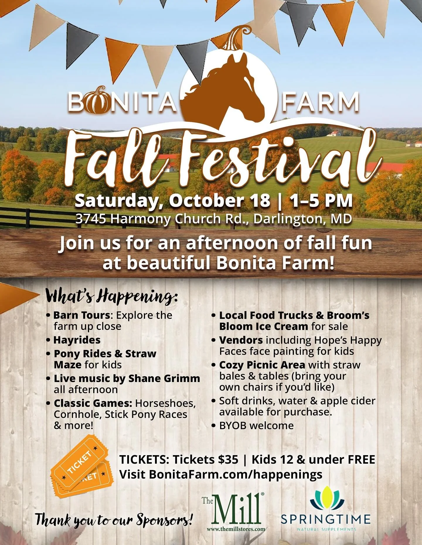 Tickets now available! 🎫✨Grab them in our link in bio. 

Gather your crew and come experience an afternoon of family fun and country charm on our beautiful farm! 

Look forward to:
&bull;Barn tours 
&bull;Hay rides &amp; pony rides
&bull; A straw ma