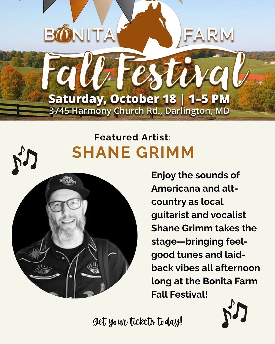 Tickets linked in bio 🎟️✨

Enjoy the sounds of Americana and alt-country as local guitarist and vocalist @geetar.76 🎶 takes the stage&mdash;bringing feel-good tunes and laid-back vibes all afternoon long at the Bonita Farm Fall Festival! 

Swipe fo