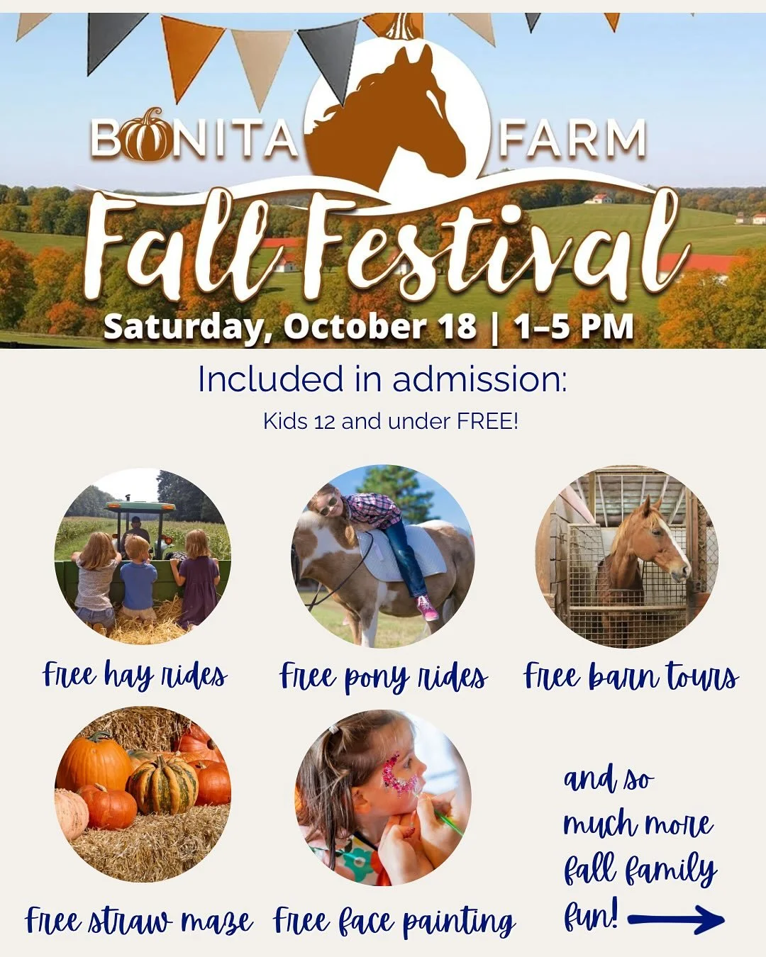 We&rsquo;re less than two weeks away from the Bonita Farm Fall Festival🐴🎉🚜🎃🍻 and it&rsquo;s shaping up to be an incredible day filled with family fun, community spirit, live music, horses, and so much more

With a great lineup of local vendors, 