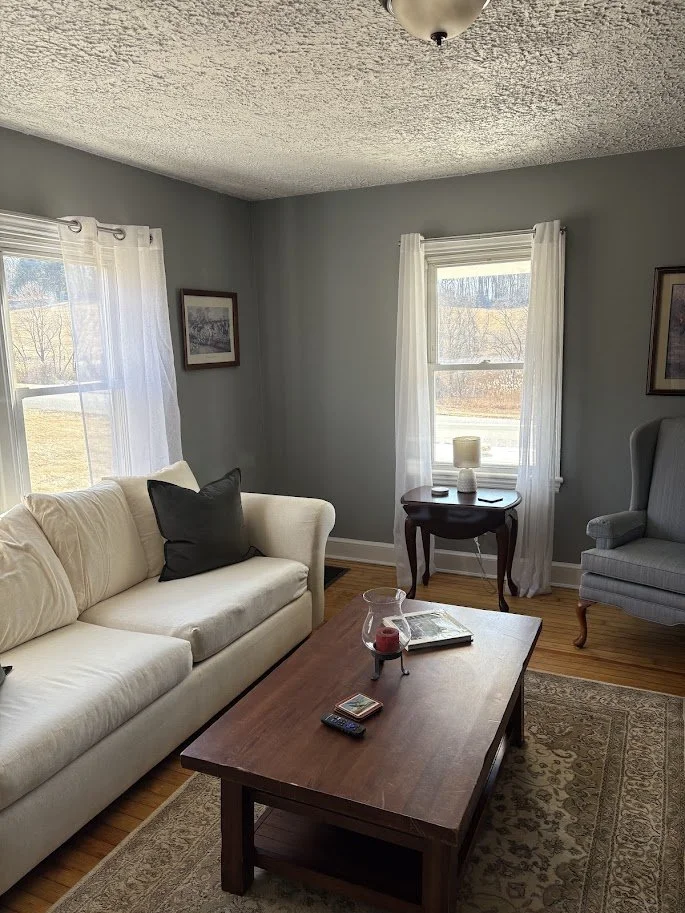 Living room with light gray walls, windows with white curtains, a white sofa with black pillows, wooden coffee table with remote controls, a small side table with a lamp, and an upholstered armchair.