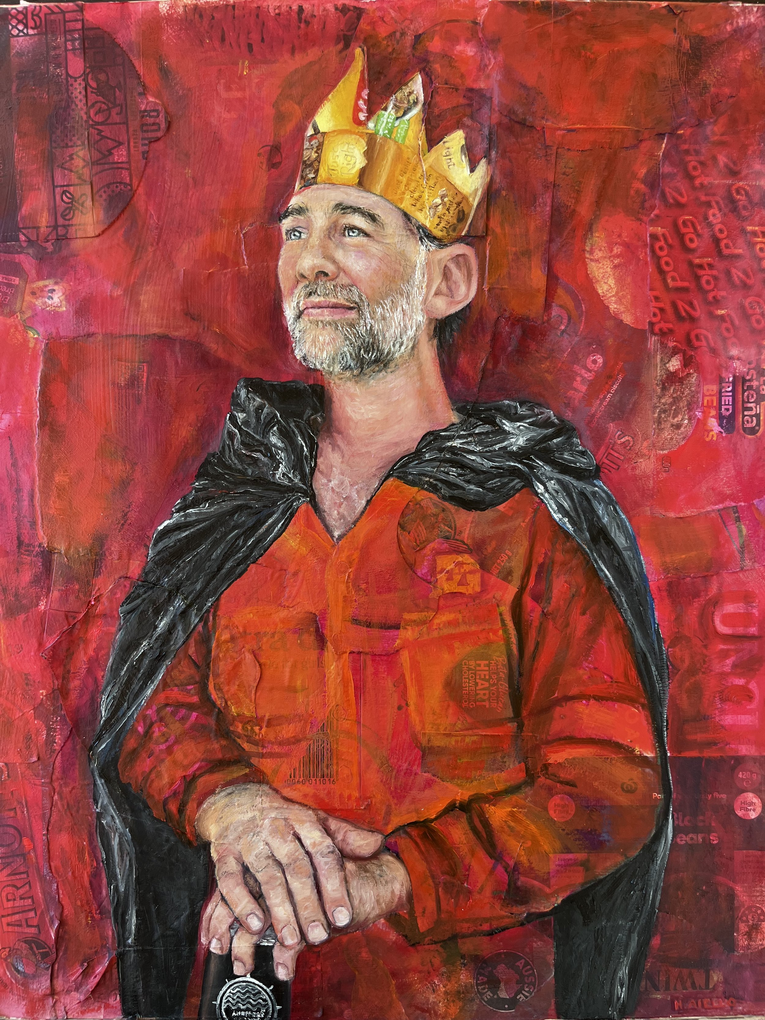 'King Bird the Benevolent (after Yeo)'
Oil on recycled materials and wooden panel, 
51 x 41cm
2026

Winner, Magnetic Island JunkFest Art Prize