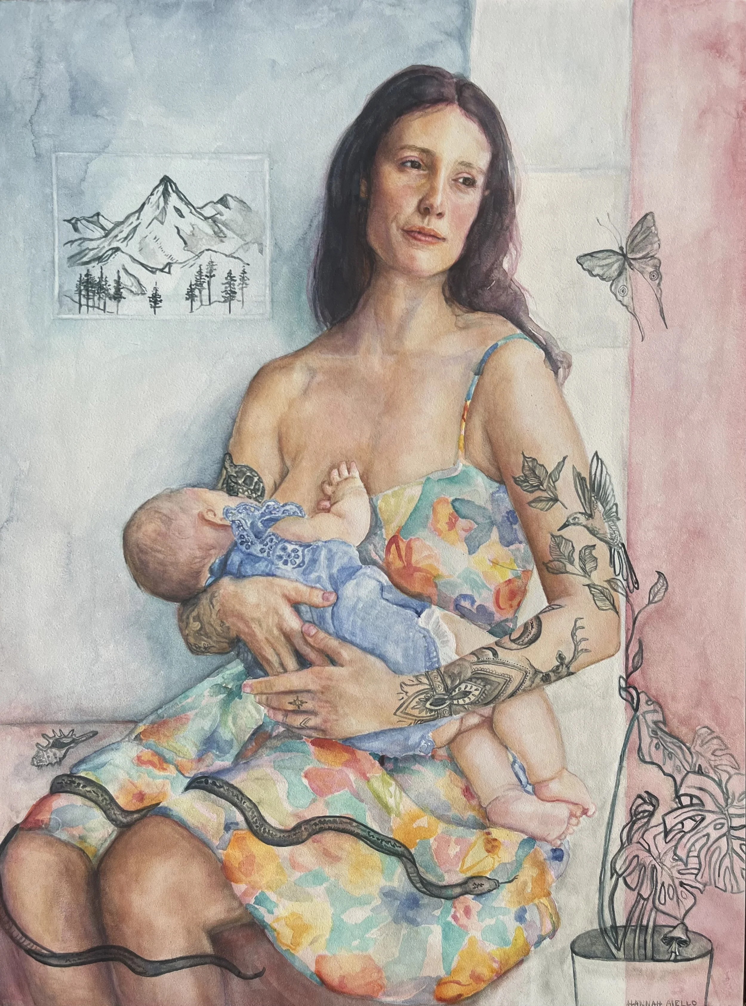 'A Mother's Mark', Watercolour on 12 x 16 inch panel, 2025. Finalist in Lethbridge 20000 (2025) and Runner Up award winner at Umbrella Contemporary Arts and Studios Members’ Exhibition (2025).