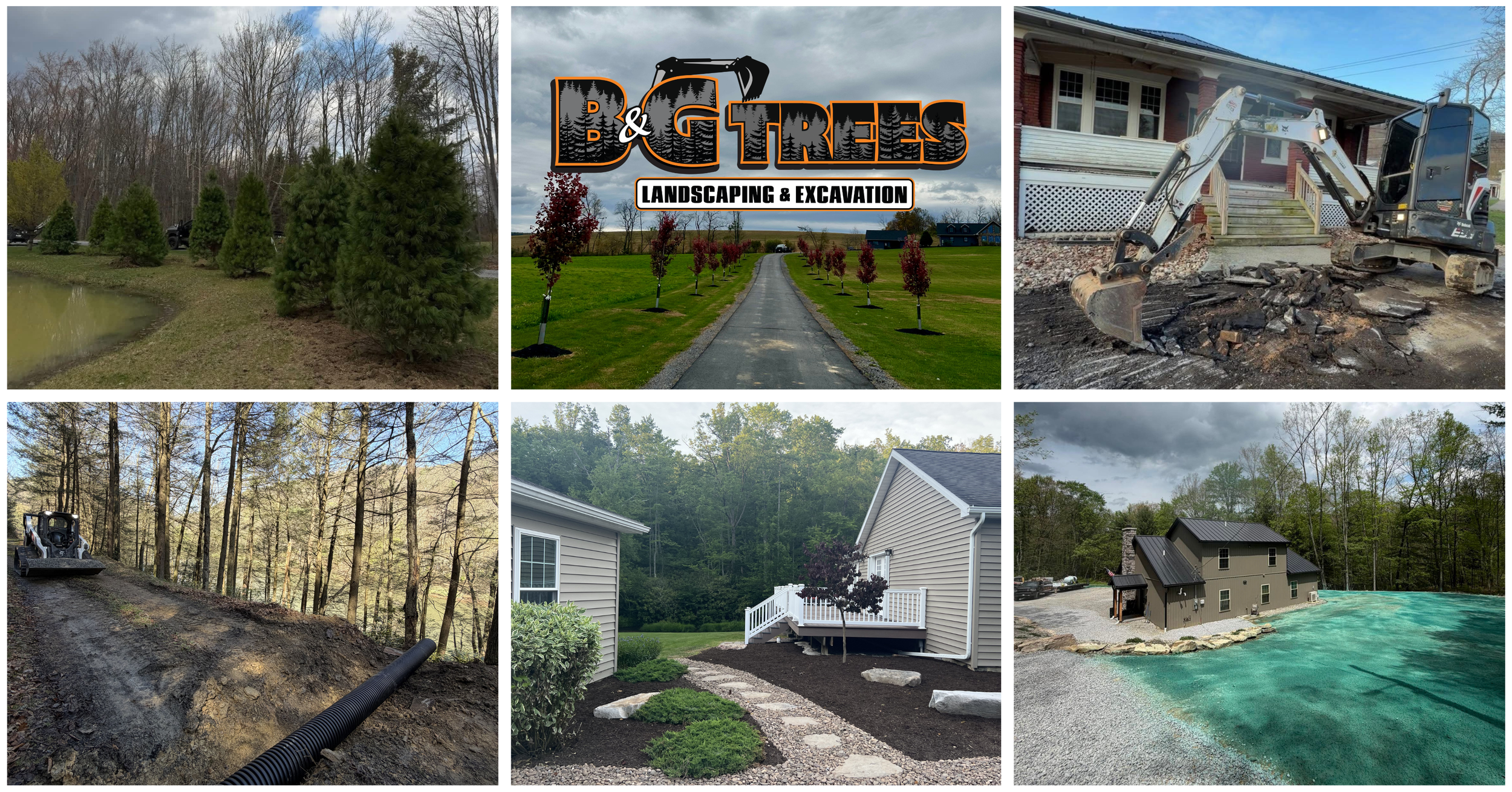 B&G Trees planted white pines, red sunset maples, excavated an old driveway and replaced with gravel, repaired a long gravel road and installed pipes, complete landscaping job, and hydroseeding.