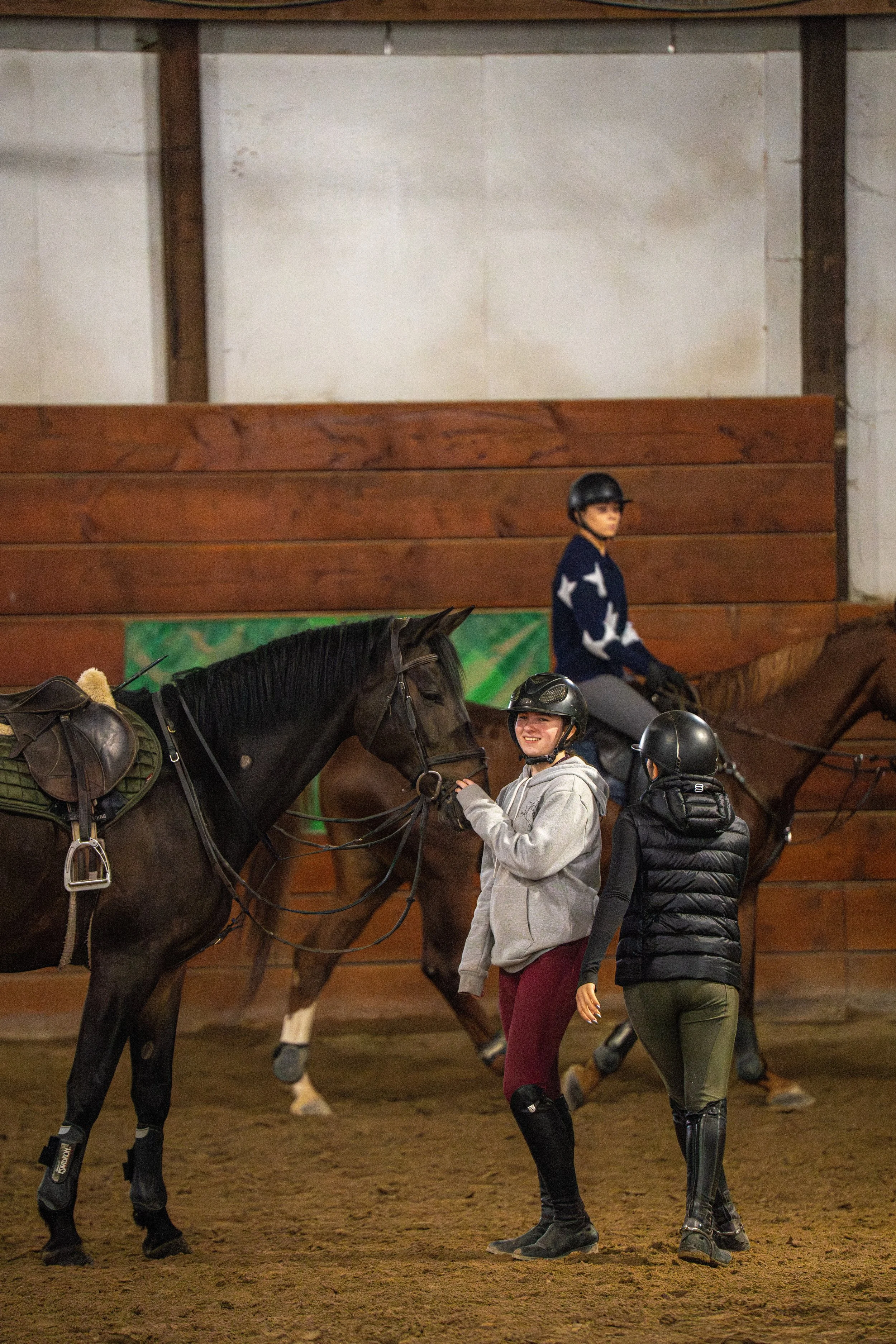 Three women and two horses in an indoor riding arena. One woman is sitting on a horse, while another woman is standing next to a horse, and the third woman is walking on the ground.