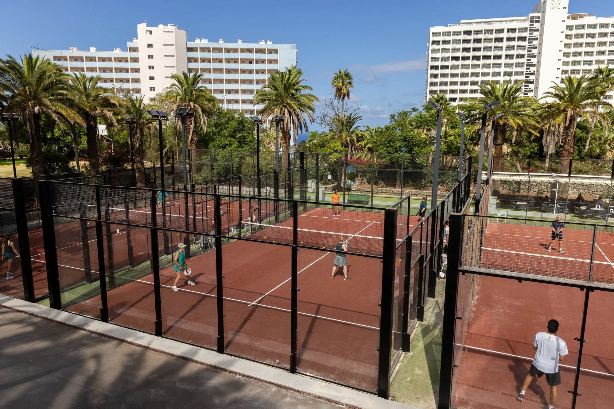 A view of a padel court in Tenerife with pink playing surface and black fencing, surrounded by palm trees and greenery, with a tall white building in the background.