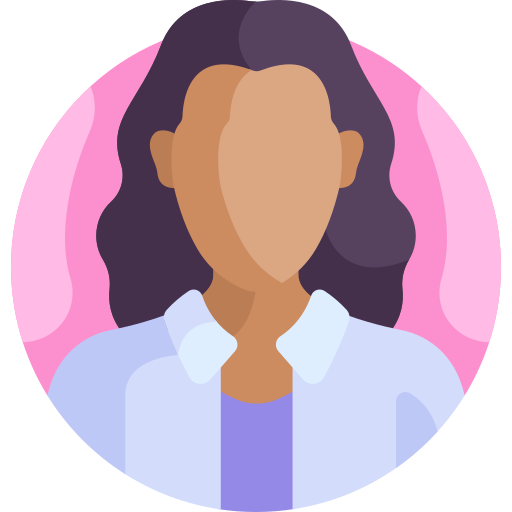 Illustration of a woman with long dark hair, wearing a light blue shirt, facing forward against a pink background.