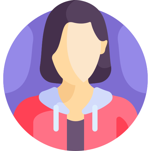 Cartoon illustration of a woman with shoulder-length dark hair wearing a red hoodie with a gray collar.