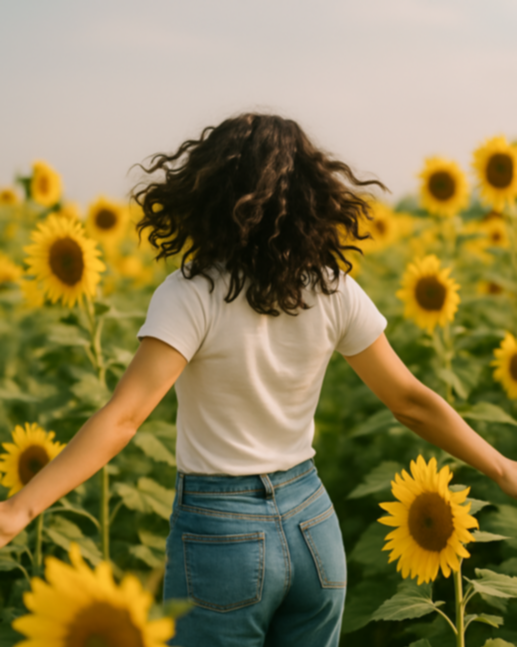 A woman with curly dark hair standing among blooming sunflowers in a sunflower field with arms outstretched.