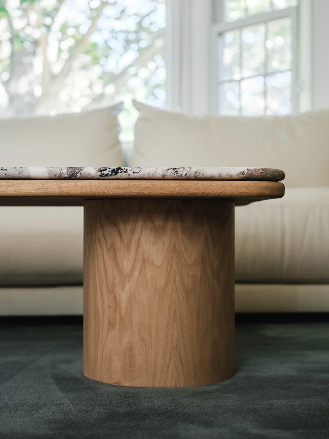 Last details from Sag &mdash; the white oak and quatre saissons marble coffee table. I&rsquo;ll never get over how beautiful this marble is. The table was cut from the same slab as the mini bar, yet each piece feels distinct in its veining and color 