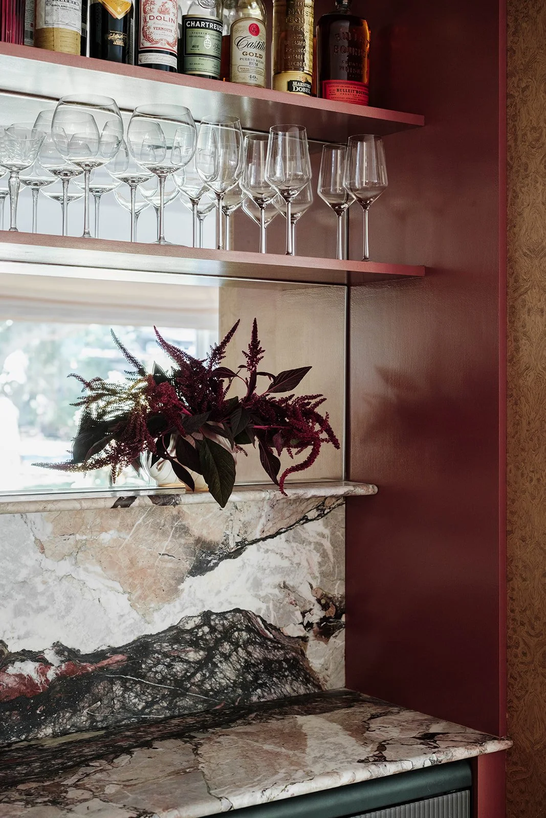 Marble detail in custom mini bar by Milieu Studio, interior designer in Jersey City