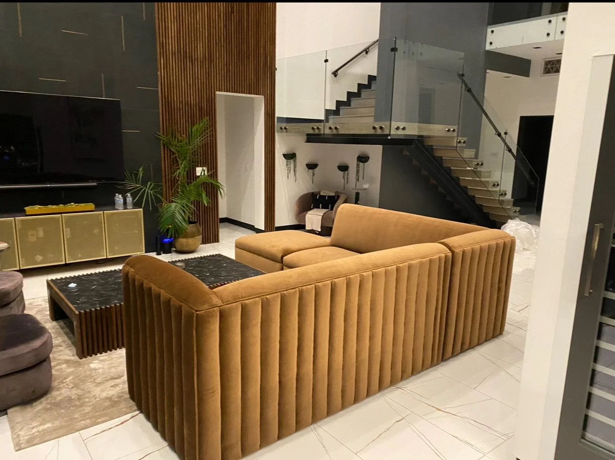 Custom-made channel-back velvet sectional with alder wood frame