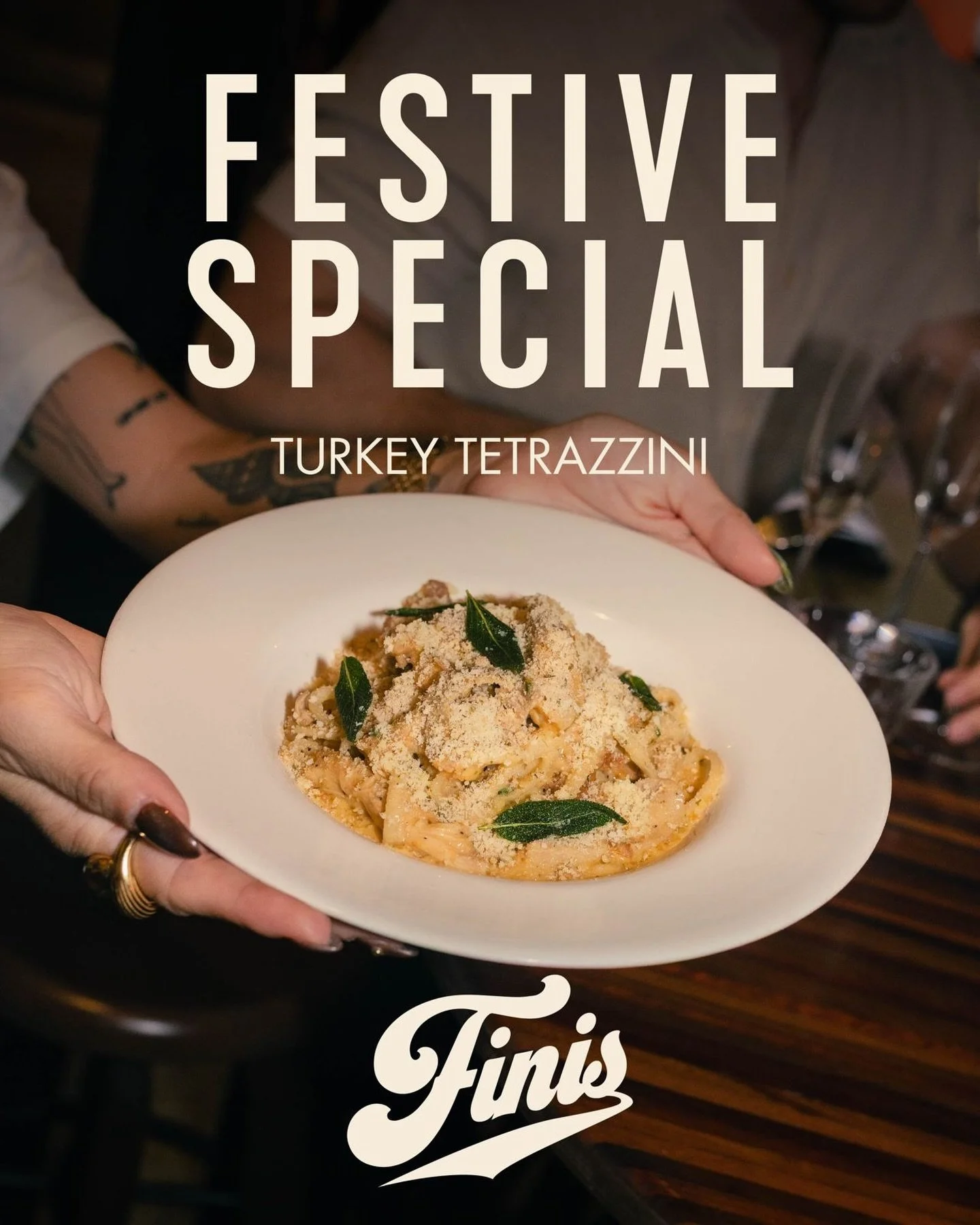 Turkey Tetrazzini
Garlic Roast Turkey, Sage, Sour Cream, Cheddar Cheese, Spiced Breadcrumbs

A bowl of pure nostalgia, only for the holidays! 
Turkey in a rich, comforting brodo, finished with sour cream, sage, and cheddar, tossed through linguine an