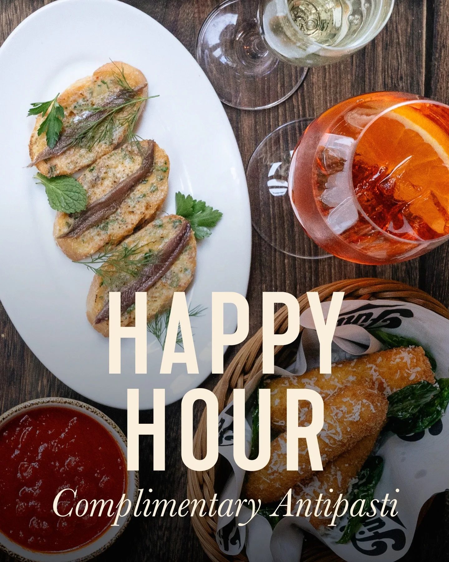 Not an ordinary happy hour.
Every antipasti, made to order. The first is on us. 

HAPPY HOUR MON-FRI
4-7PM