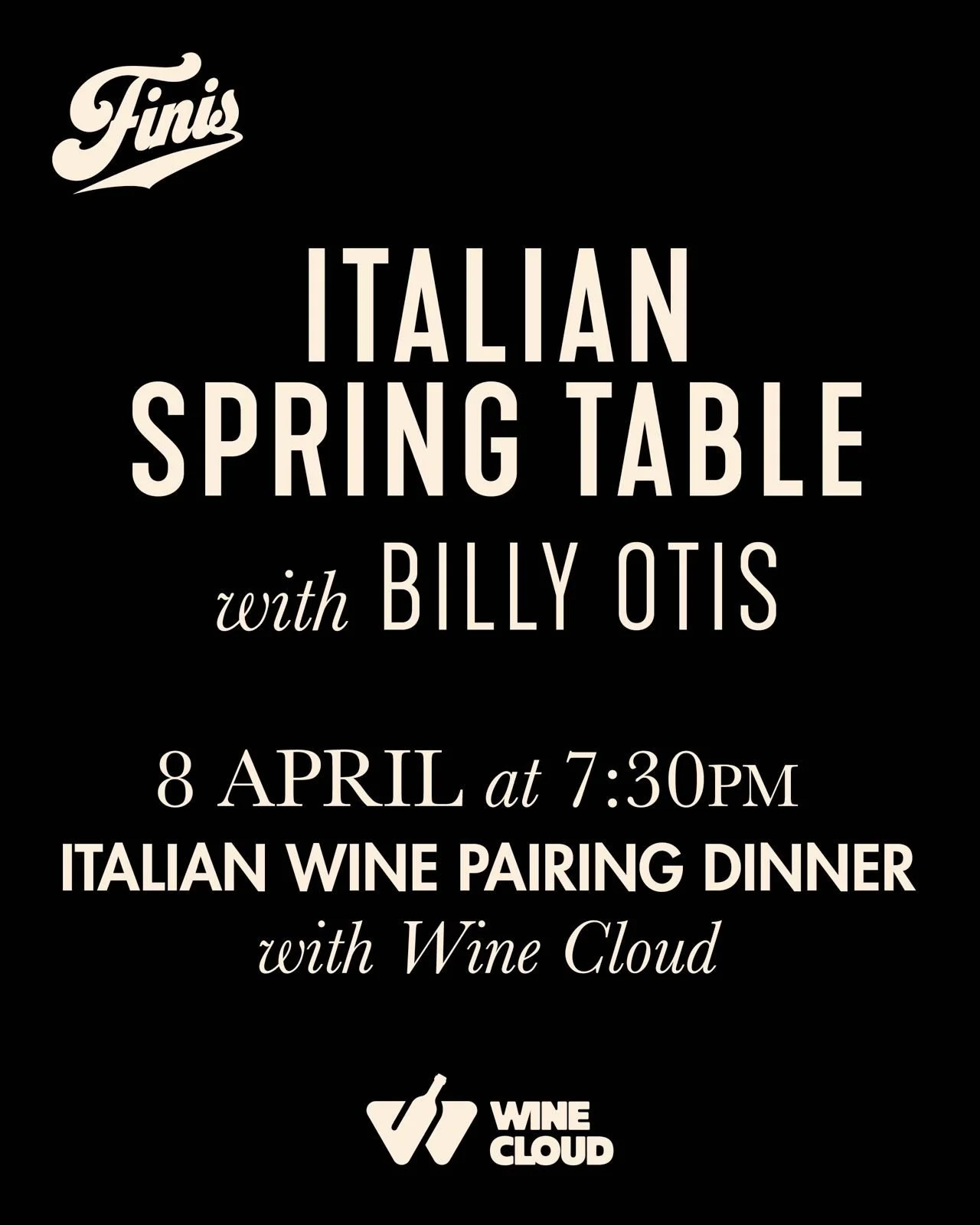 Join us for Billy Otis&rsquo; Italian Spring Table &mdash; a special evening celebrating the flavors of spring across Italy, with a 7-dish menu paired with 6 Italian wines, curated with Wine Cloud.

Expect dishes like Anchovy Butter Crostini, Gnocco 