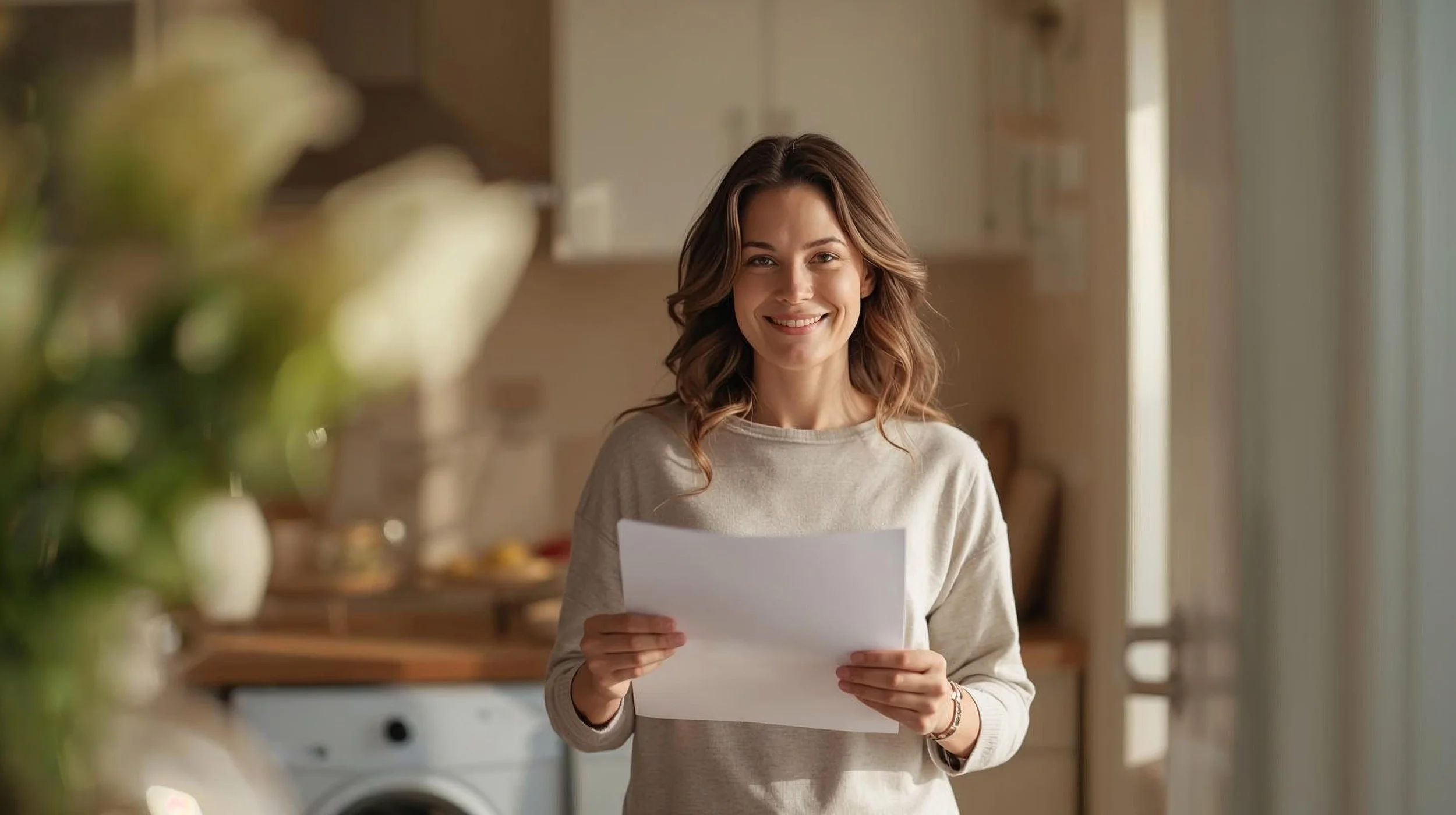 pleased parent standing in the kitchen reviewing a progress report. lifestyle storytelling photo.jpg