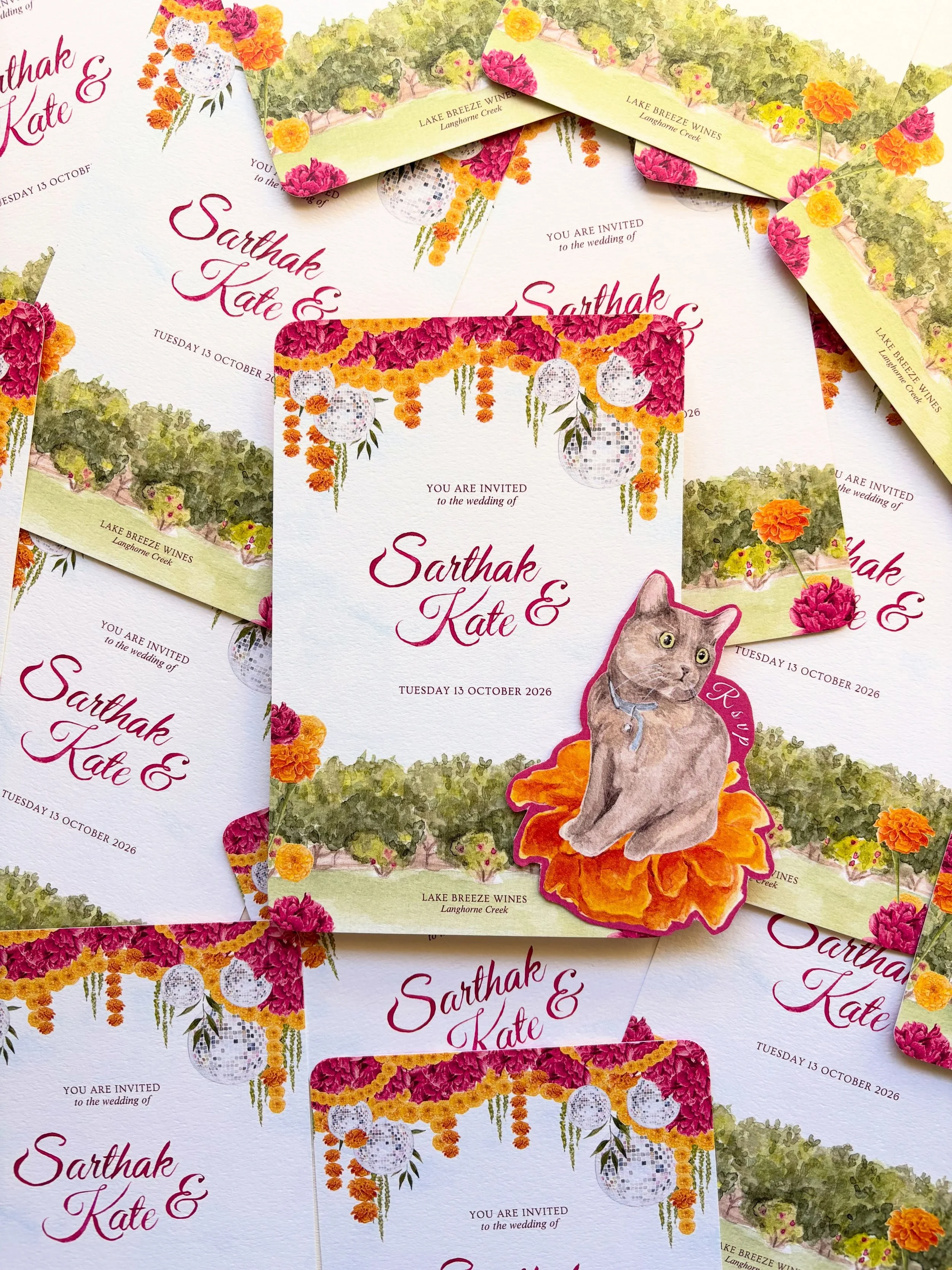 An Indian/Australian fusion, with marigolds and disco balls for K + S&rsquo;s wedding at @lakebreezeevents 🧡🩷💛

#handpaintedweddingstationery#watercolourweddinginvitations #adelaidewedding