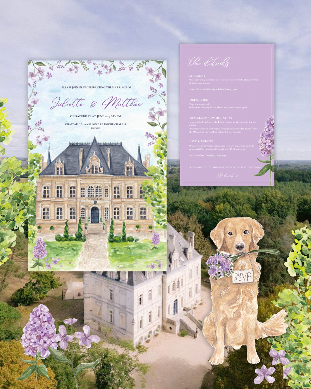 Wedding invitation with purple flowers and elegant handwriting, event details on purple card, illustrated golden retriever holding an RSVP sign with purple flowers in its mouth, backdrop of an aerial view of a castle and lush greenery.