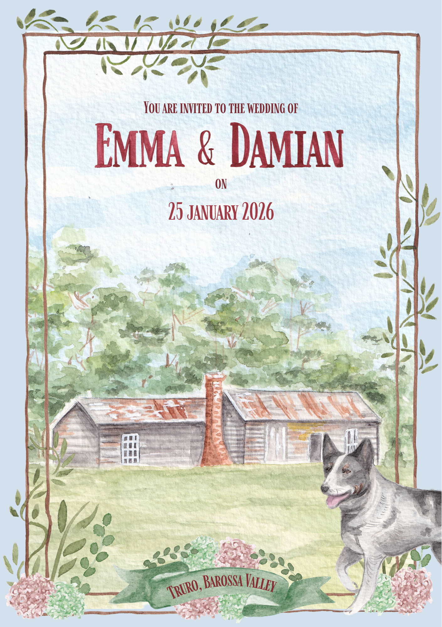 Watercolor watercolor wedding invitation featuring trees, a rustic shed, a dog, and floral accents, with text inviting to a wedding celebration on January 25, 2026, in Truro, Barossa Valley.