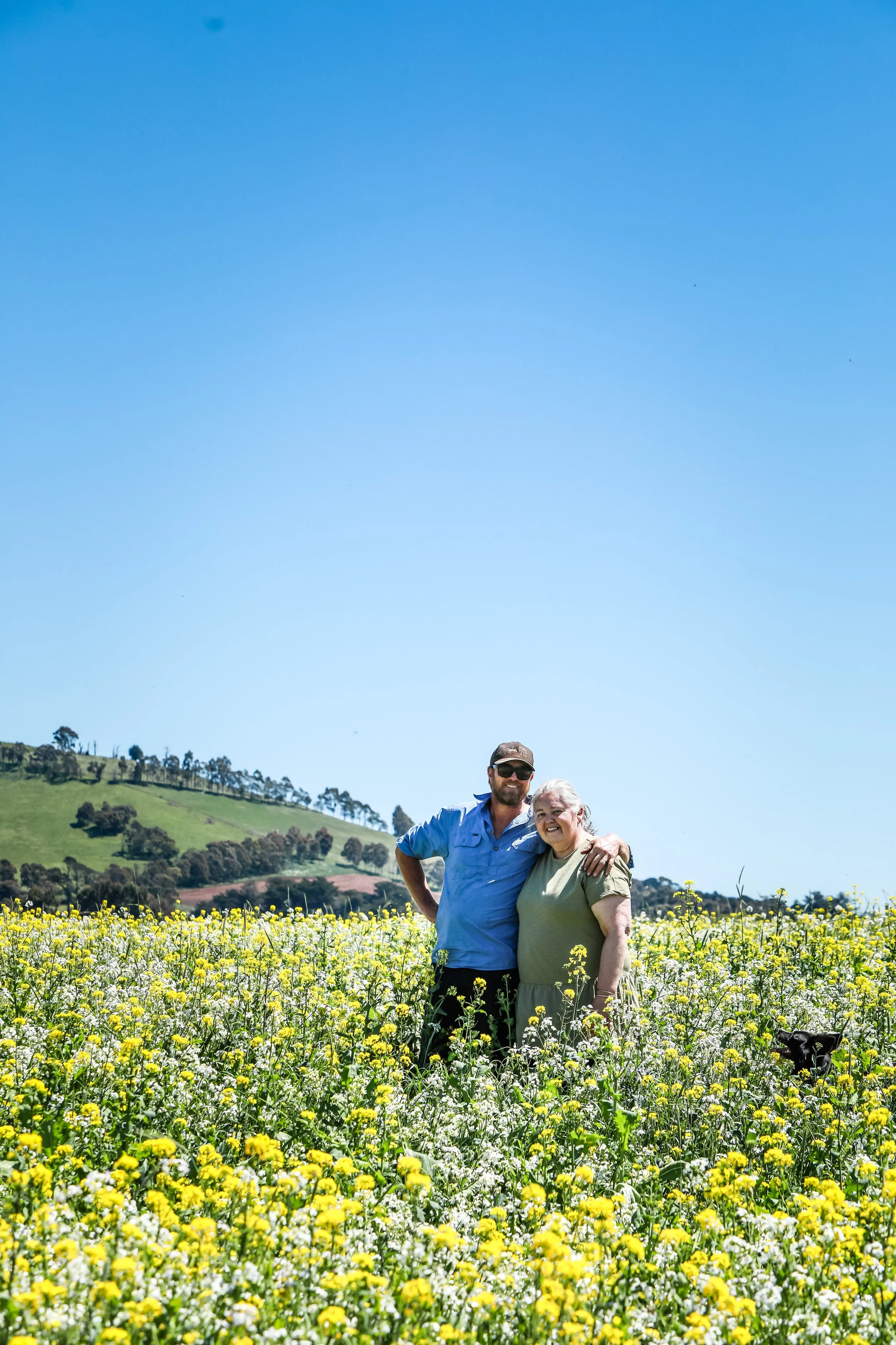 A man and woman standing outdoors, the man holding a small black and white piglet, in a rural setting with trees and a fence in the background.
