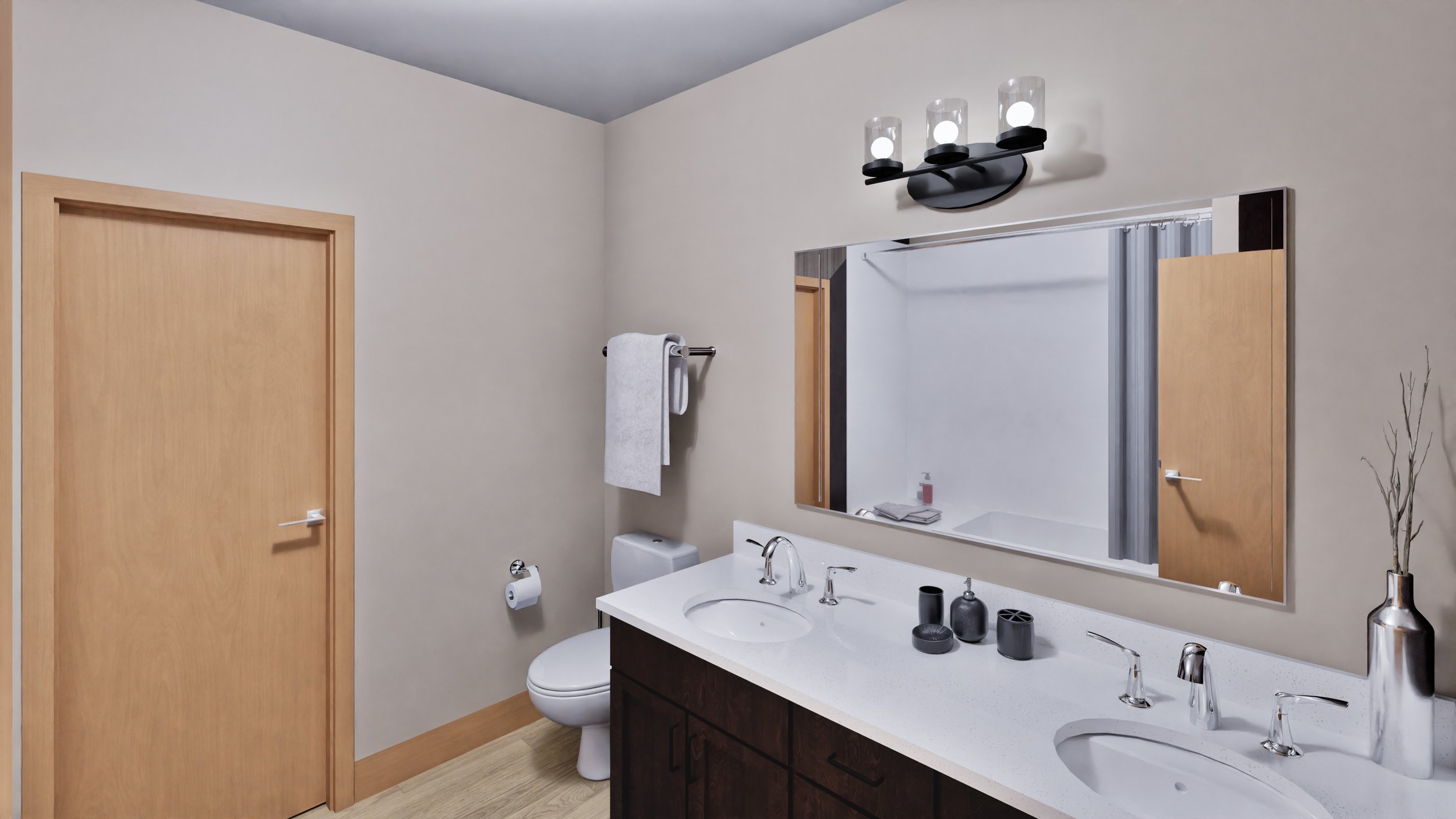 Modern bathroom with dual sinks, large mirror, light wooden doors, toilet, towel rack, and minimalist decor.